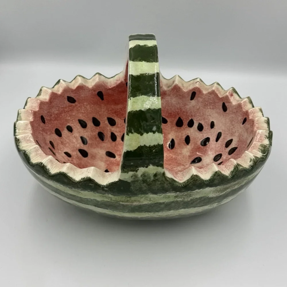 Watermelon Basket Ceramic Serving Bowl with Handle Fruit Bowl Vintage